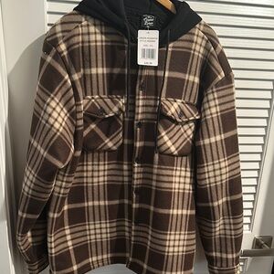 NWT Original Deluxe Supply Plaid Button Down Shirt with Hoodie and Front Pockets